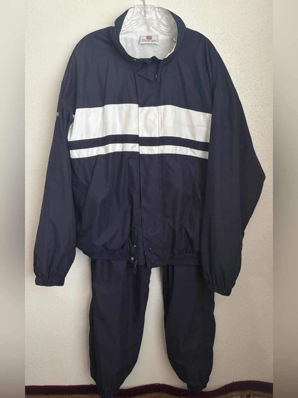 Vintage Slazenger Navy and White Men's Windbreaker Track Suit Jacket